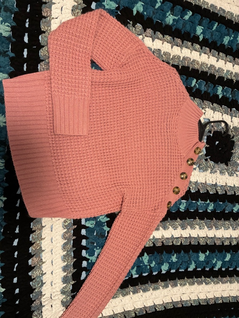 Waffle Knit Pink Button-Shoulder Sweater